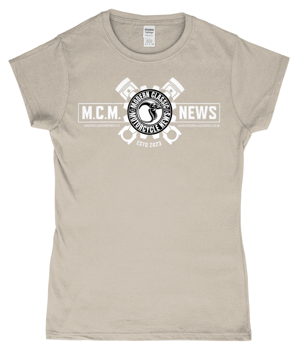 Modern Classic Motorcycle News - White Logo - SoftStyle Ladies Fitted Ringspun T-Shirt - Vitesse T-Shirts UK