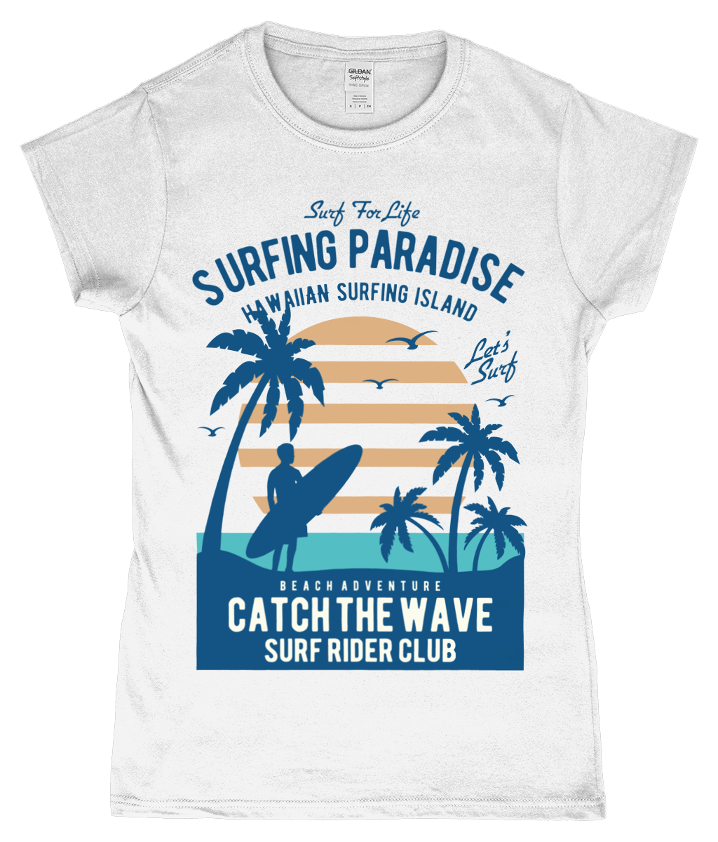 Surfing Paradise - SoftStyle Ladies Fitted Ringspun T-Shirt - Vitesse T-Shirts UK