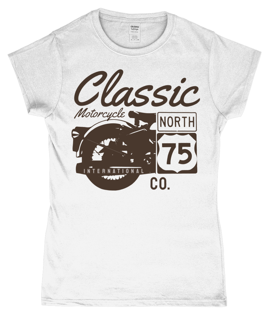 Classic Motorcycle 75 Black - Gildan SoftStyle® Ladies Fitted Ringspun T-Shirt - Vitesse T-Shirts UK