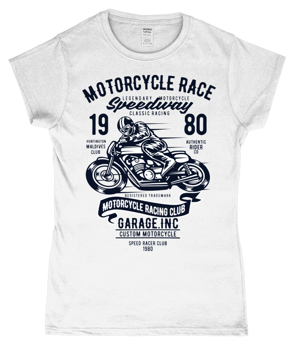 Motorcycle Race - SoftStyle Ladies Fitted Ringspun T-Shirt - Vitesse T-Shirts UK