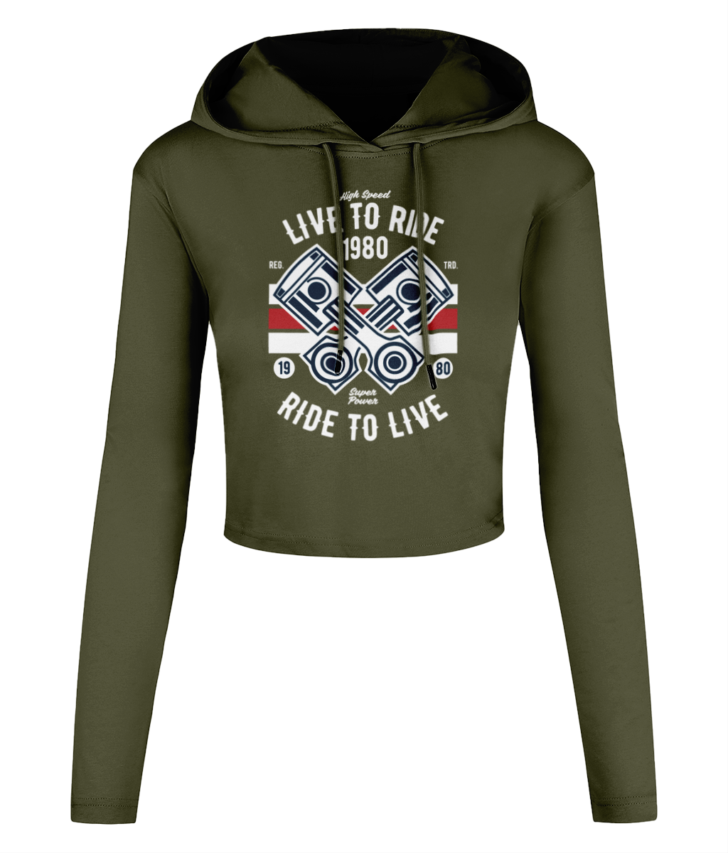 Live To Ride 1980 - Women's Cropped Hooded T-shirt - Vitesse T-Shirts UK