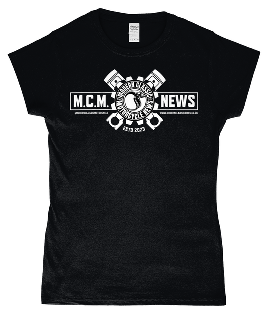 Modern Classic Motorcycle News - White Logo - SoftStyle Ladies Fitted Ringspun T-Shirt - Vitesse T-Shirts UK