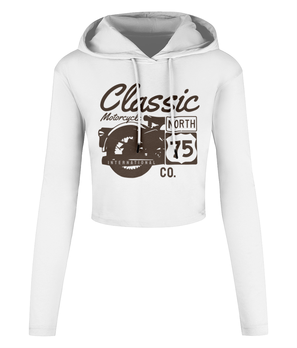 Classic Motorcycle 75 Black - Women's Cropped Hooded T-shirt - Vitesse T-Shirts UK