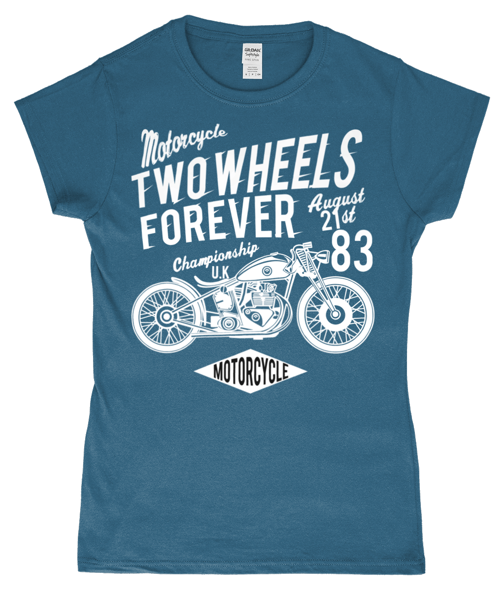 Two Wheels Forever White – Gildan SoftStyle® Ladies Fitted Ringspun T-Shirt - Vitesse T-Shirts UK