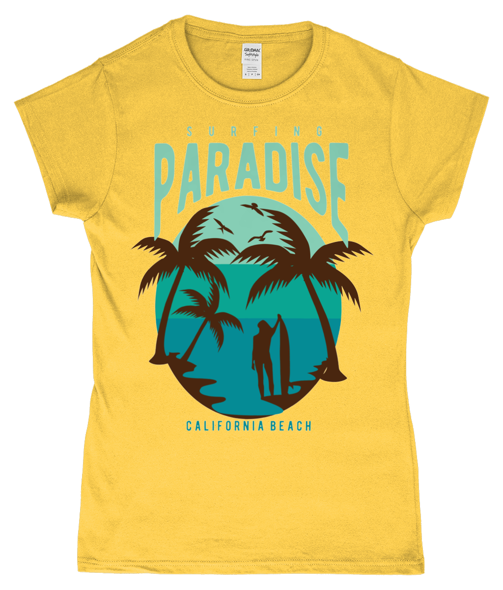 Surfing Paradise California Beach - Gildan SoftStyle® Ladies Fitted Ringspun T-Shirt - Vitesse T-Shirts UK