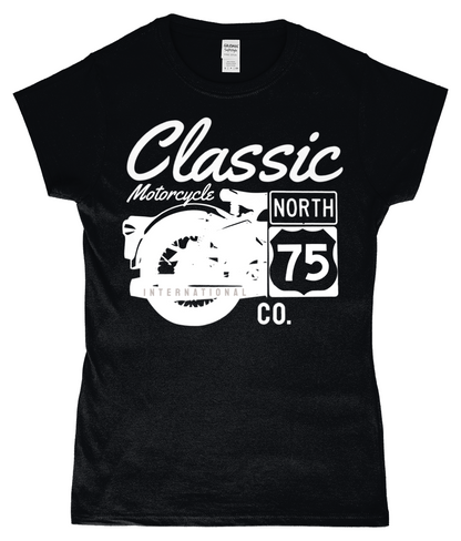 Classic Motorcycle 75 White - Gildan SoftStyle® Ladies Fitted Ringspun T-Shirt - Vitesse T-Shirts UK