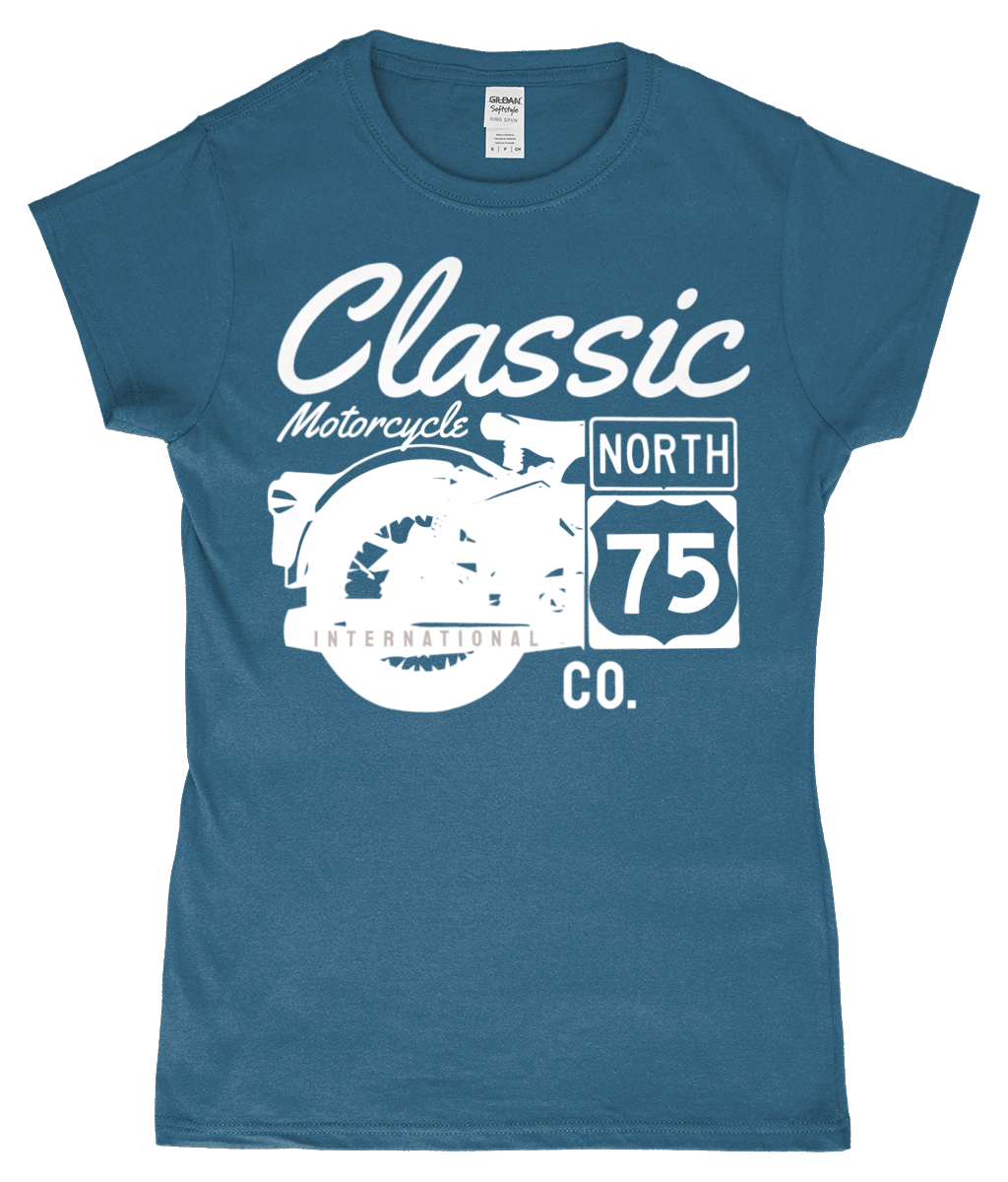 Classic Motorcycle 75 White - Gildan SoftStyle® Ladies Fitted Ringspun T-Shirt