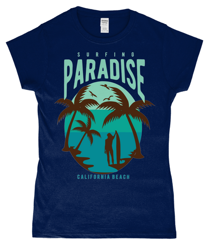 Surfing Paradise California Beach - Gildan SoftStyle® Ladies Fitted Ringspun T-Shirt - Vitesse T-Shirts UK