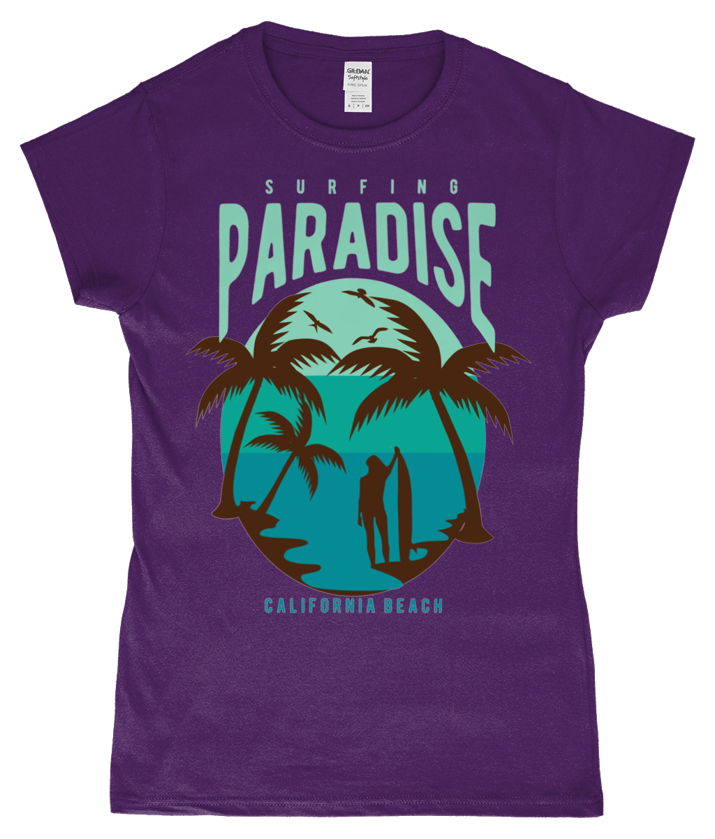 Surfing Paradise California Beach - Gildan SoftStyle® Ladies Fitted Ringspun T-Shirt - Vitesse T-Shirts UK