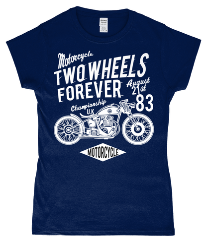 Two Wheels Forever White – Gildan SoftStyle® Ladies Fitted Ringspun T-Shirt - Vitesse T-Shirts UK