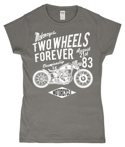 Two Wheels Forever White – Gildan SoftStyle® Ladies Fitted Ringspun T-Shirt - Vitesse T-Shirts UK