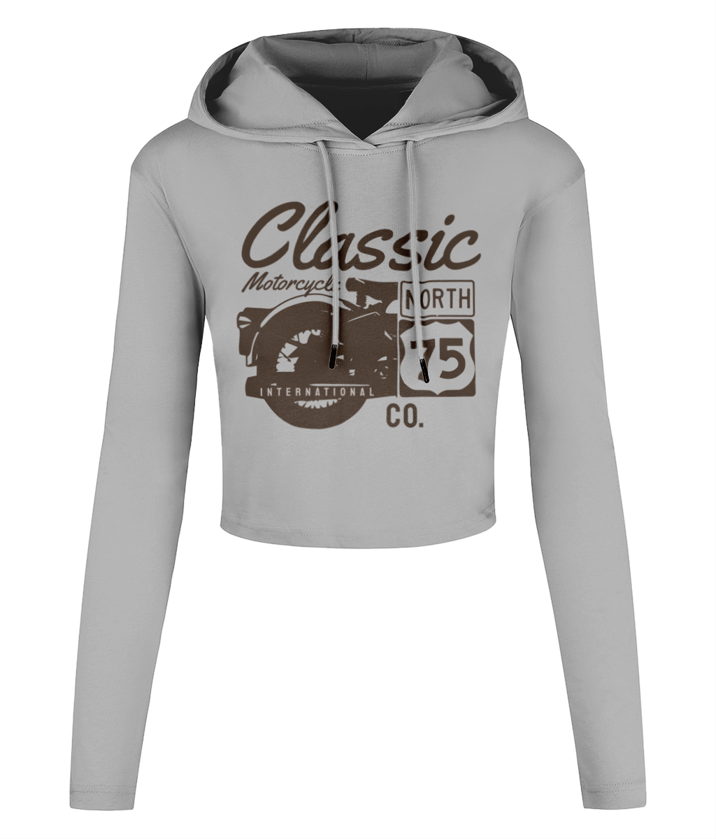 Classic Motorcycle 75 Black - Women's Cropped Hooded T-shirt