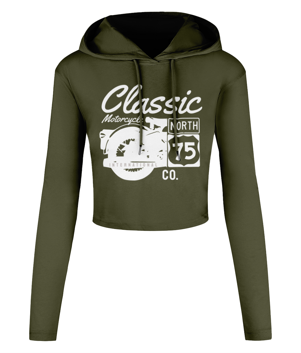 Classic Motorcycle 75 weiß - Kurzes Damen-T-Shirt mit Kapuze