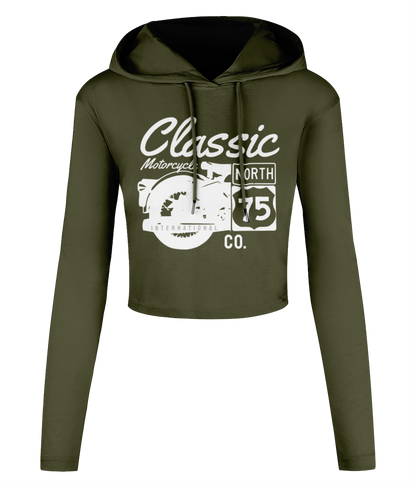 Classic Motorcycle 75 weiß - Kurzes Damen-T-Shirt mit Kapuze