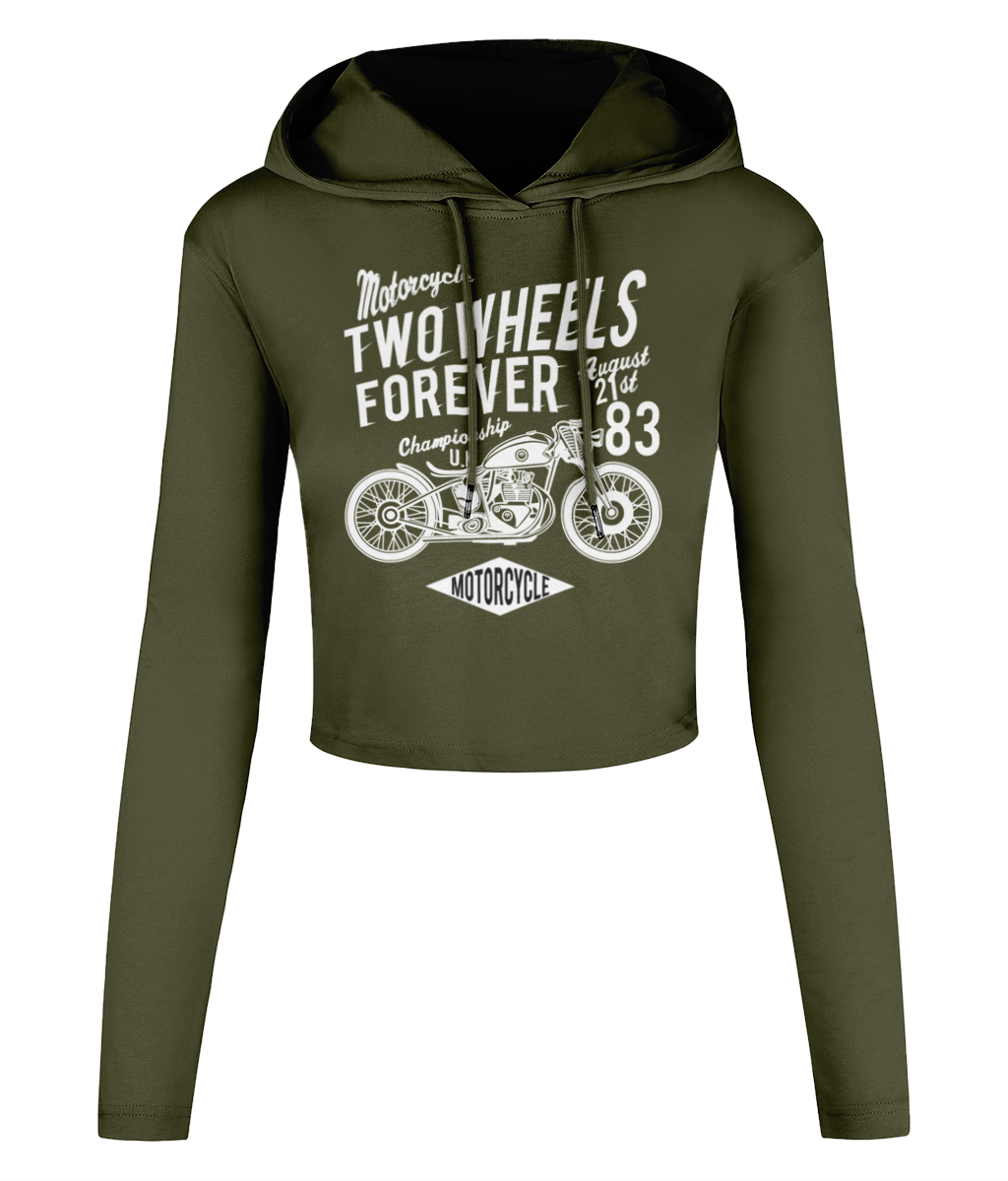 Two Wheels Forever White - Women's Cropped Hooded T-shirt