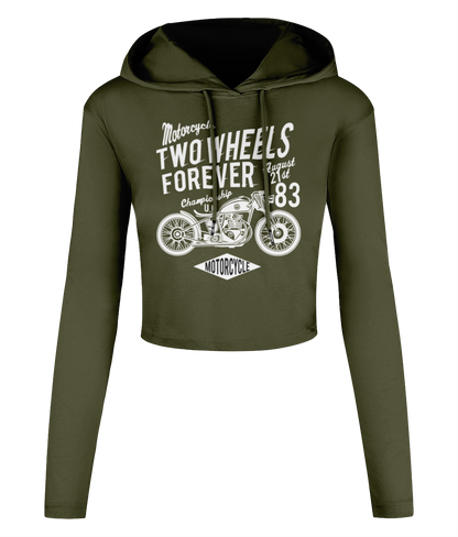 Two Wheels Forever White - Women's Cropped Hooded T-shirt