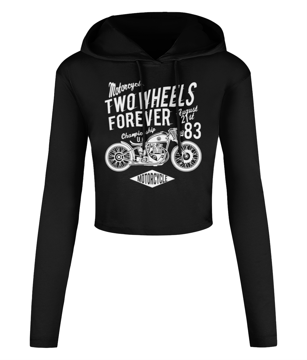 Two Wheels Forever White - Women's Cropped Hooded T-shirt