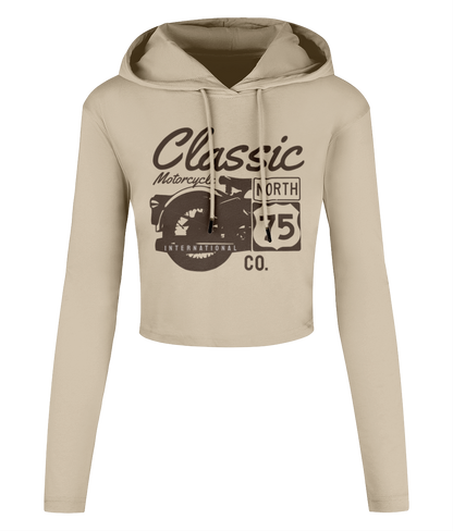 Classic Motorcycle 75 Black - Women's Cropped Hooded T-shirt - Vitesse T-Shirts UK